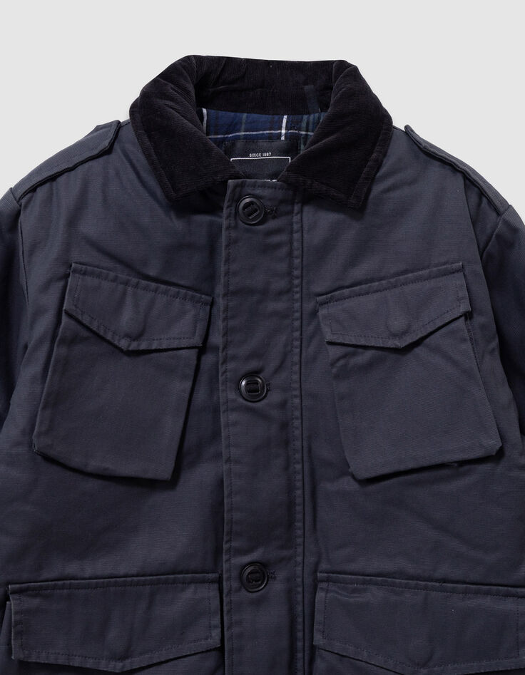 Schwarzer Jungenparka mit vielen Taschen und Velourskragen-5