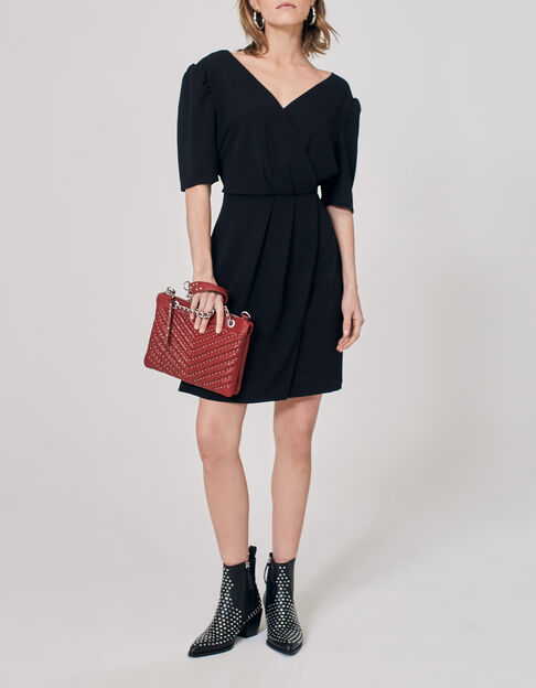 Women’s black short dress with V neckline front and back - IKKS