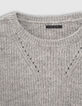 Pull gris col bateau en maille détails bijoux manches femme-2