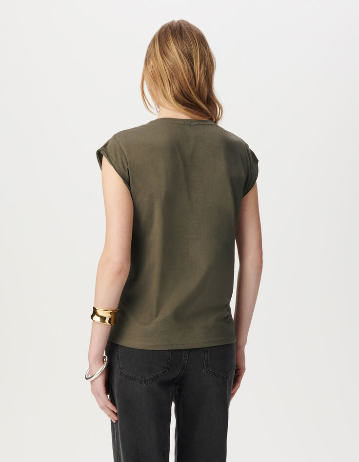 Tee-shirt col rond kaki broderies perles-4