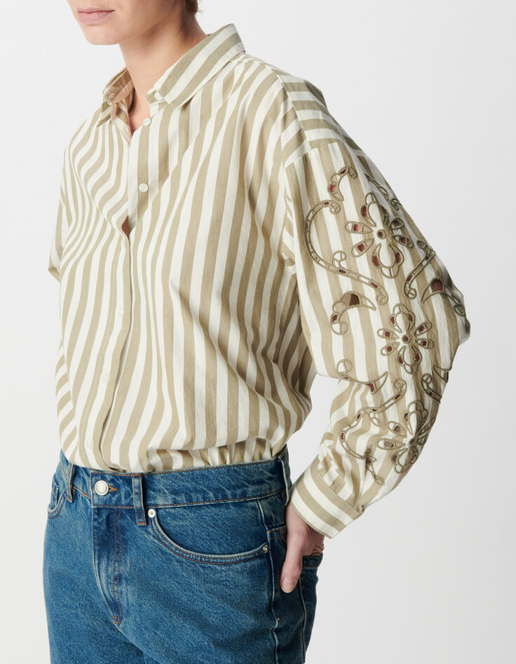 Camisa caqui rayas bordado calado Mujer mangas-3