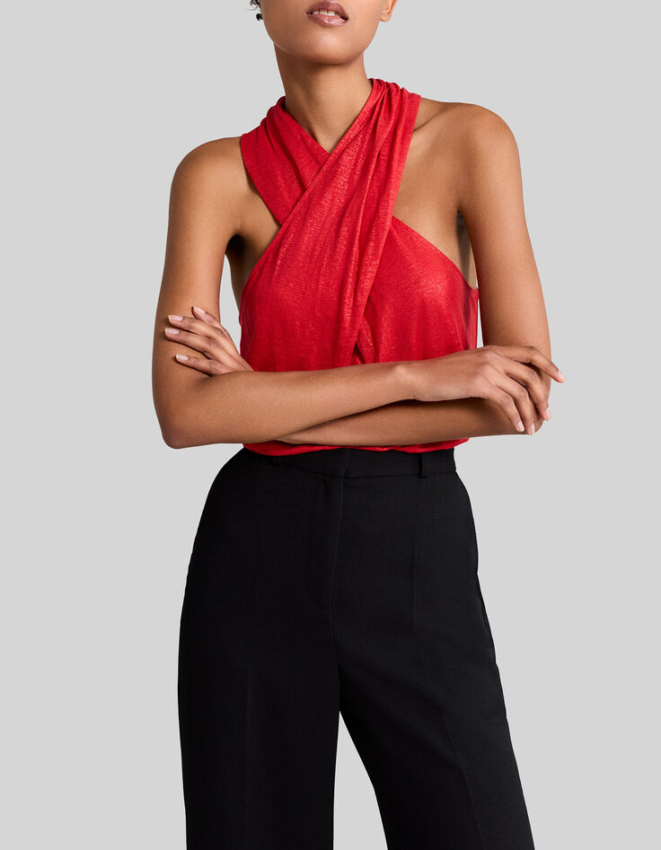 Camiseta grosella metalizada cruzada delante mujer-2