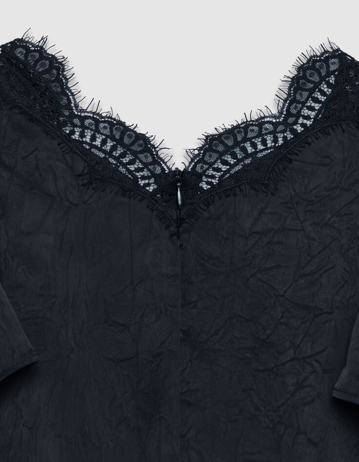 Women's black satin maxi dress with crinkled lace details-9