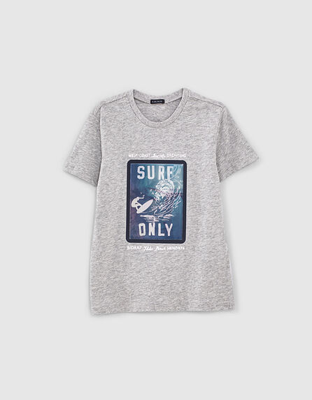 Graues Jungen-T-Shirt mit linsenförmigem Surfbrettmotiv 