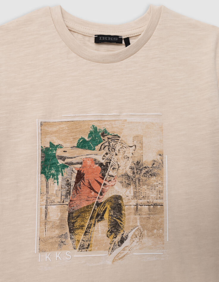 T-shirt beige coton bio homme à tête de tigre garçon-3