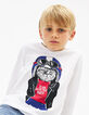 Tee-shirt blanc cassé visuel chat-motard garçon -1