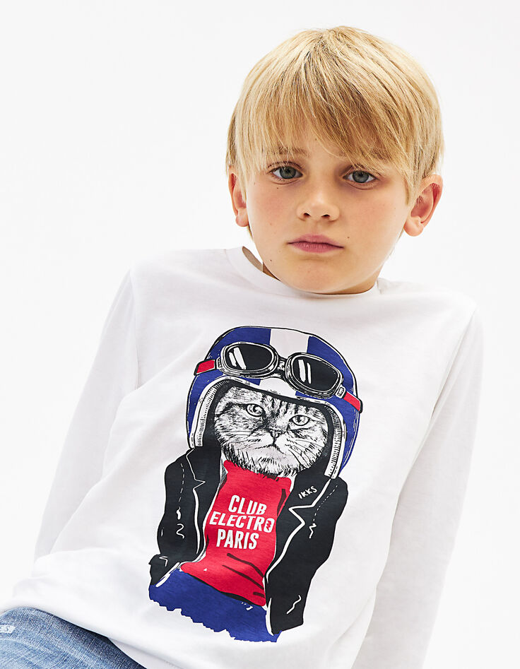 Tee-shirt blanc cassé visuel chat-motard garçon -1
