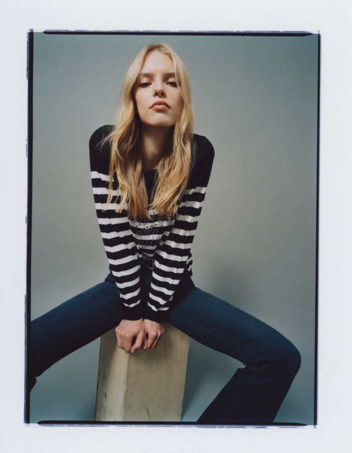 Women’s black & white striped knit sweater, rock studs - IKKS
