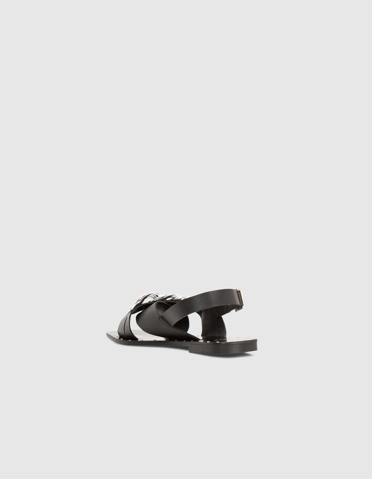 Sandales plates cuir noir décor maxi chaîne métal Femme-7