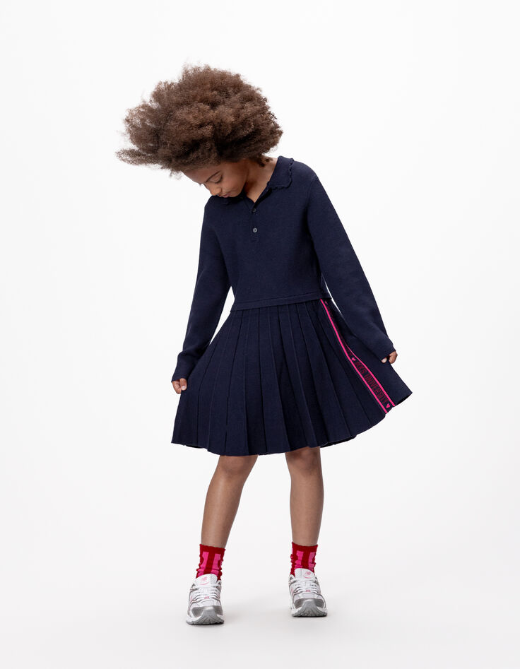 Girls’ navy knit pleated long-sleeved dress-3