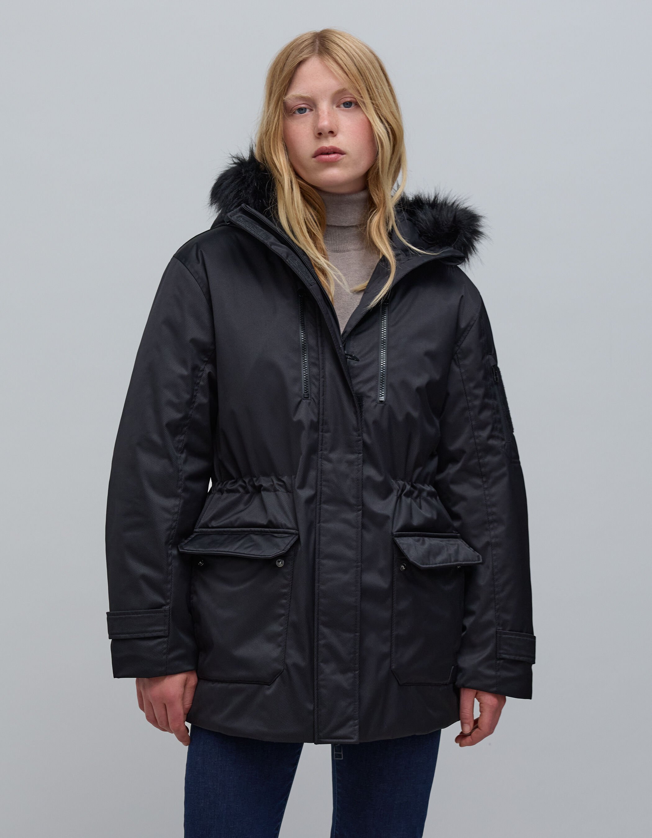Parka negra de rayas para mujer IKKS
