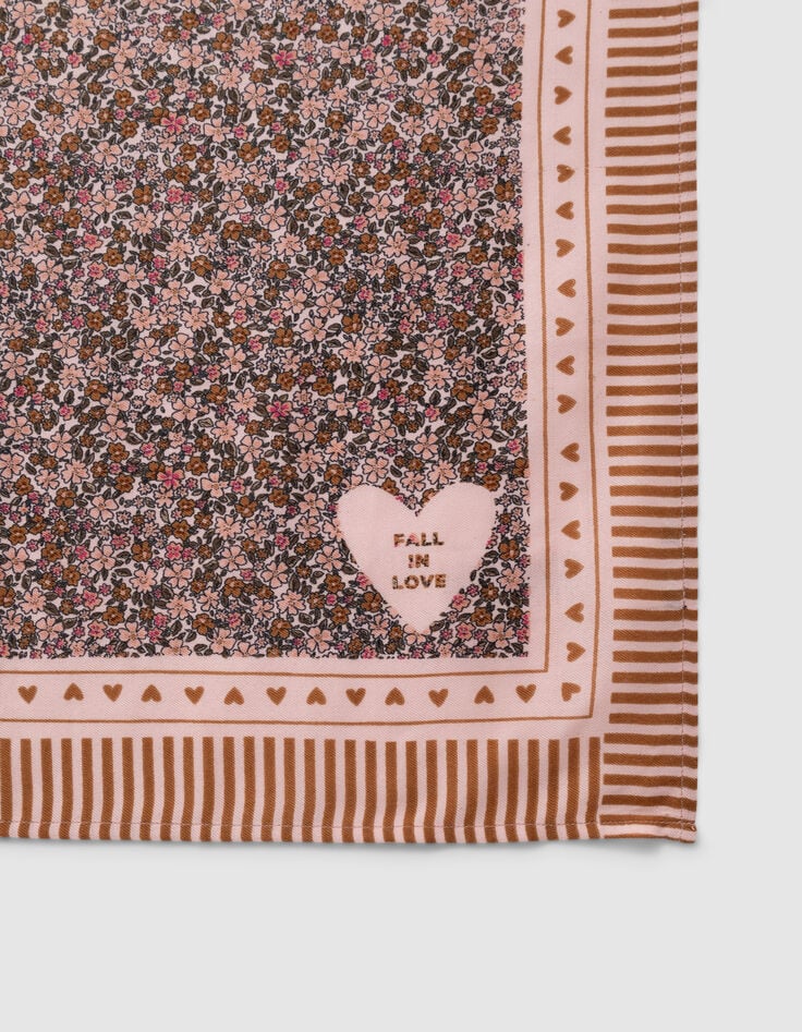 Girls’ pink square scarf, autumn flower print-4 Girls’ pink square scarf, autumn flower print-4