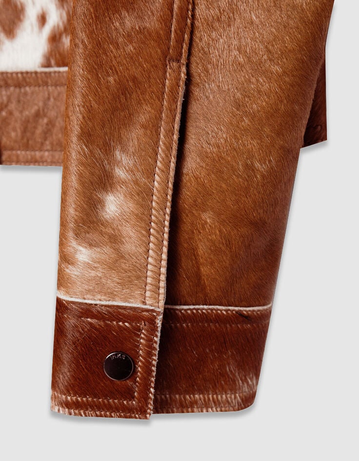 Veste courte en cuir marron motif vache Femme-9
