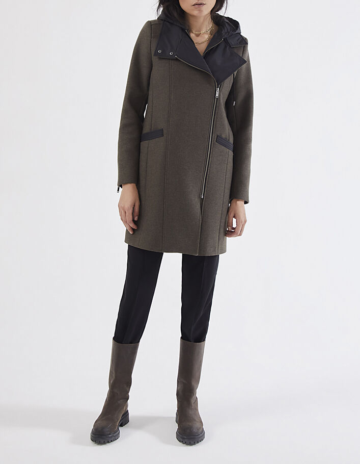 Abrigo largo medio caqui de lana capucha amovible mujer - IKKS