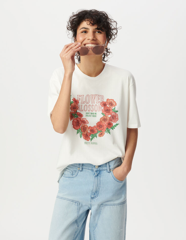 Camiseta cuello redondo blanca flores mensaje-2