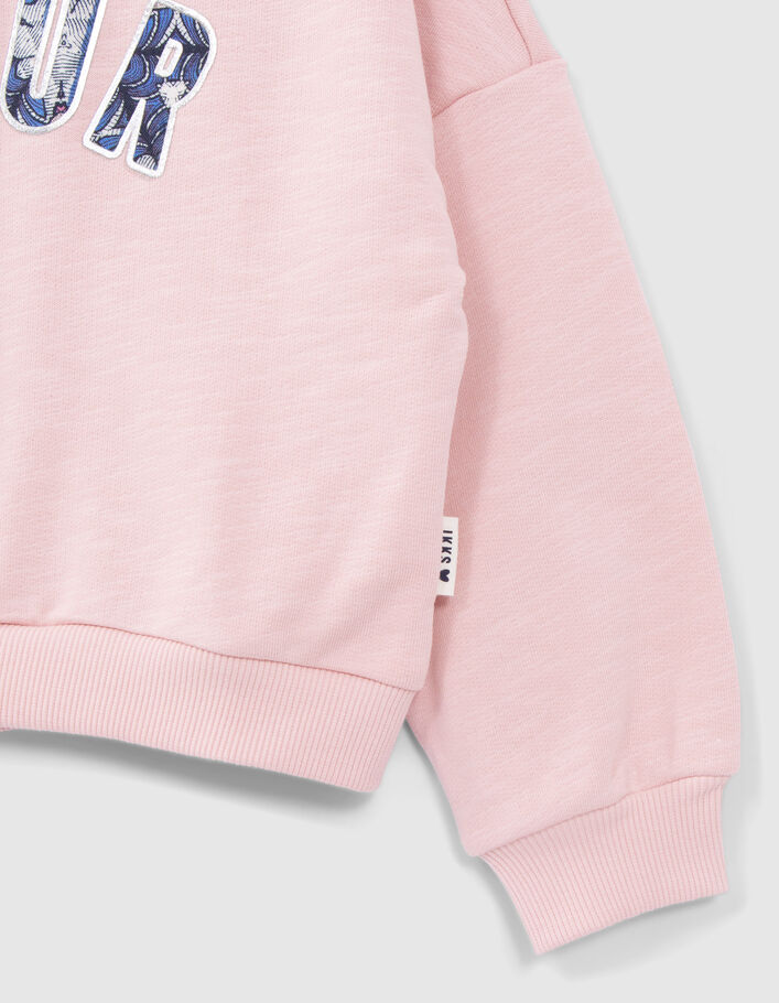 Girls' pink organic cotton sweatshirt, flocked wax slogan - IKKS