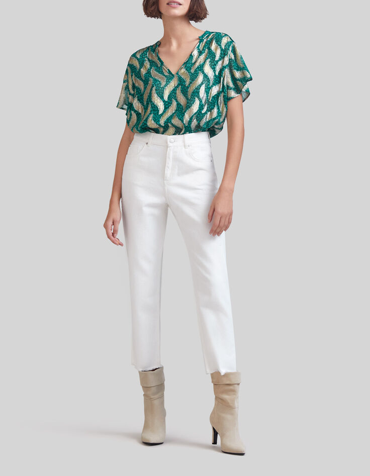Smaragdgroene top goudkleurige bladprint Dames-5