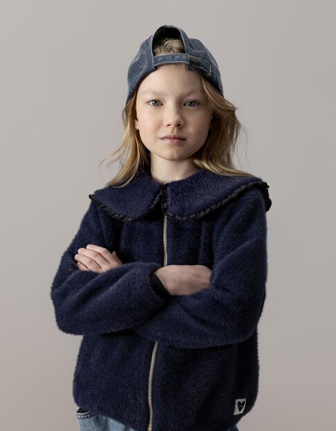 Marineblaue, flauschige Maxi-Mädchenstrickjacke mit Zip - IKKS
