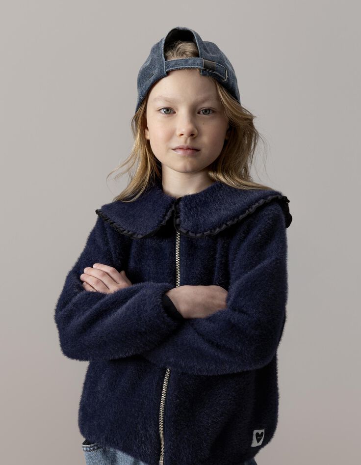 Girls’ navy fluffy zipped cardigan with XL collar-1