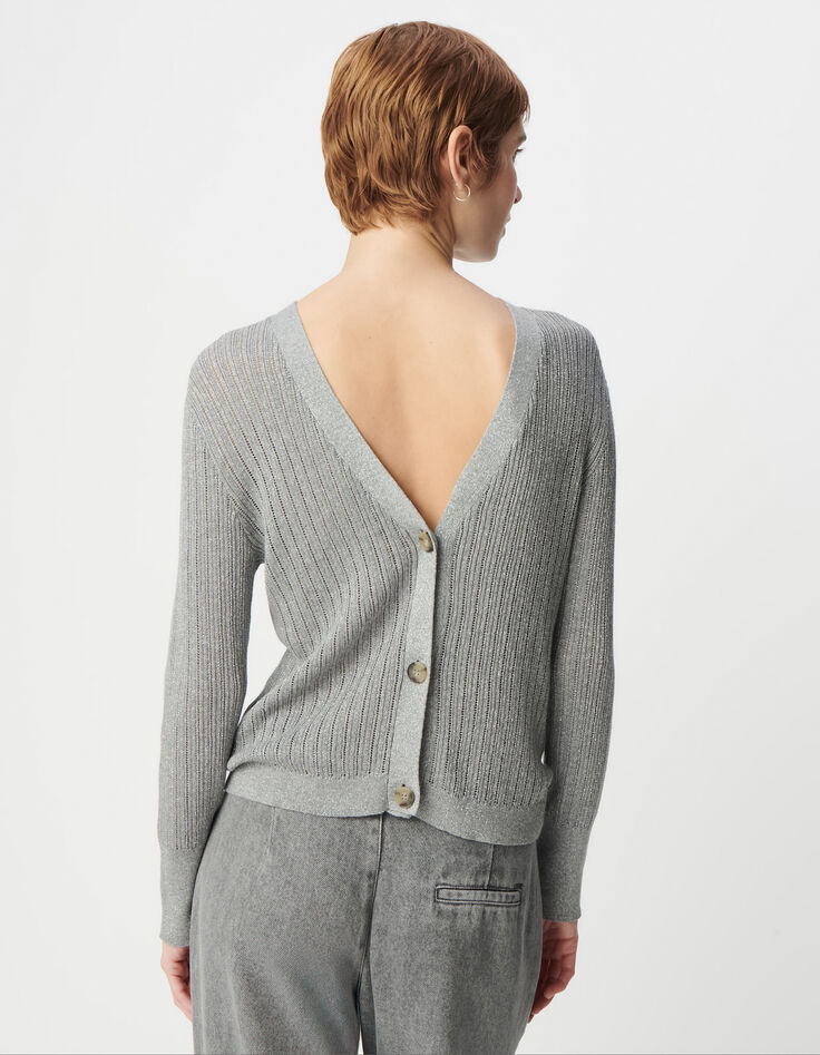 Elegante Cárdigan de lúrex gris calado para Mujer-5 Elegante Cárdigan de lúrex gris calado para Mujer-5