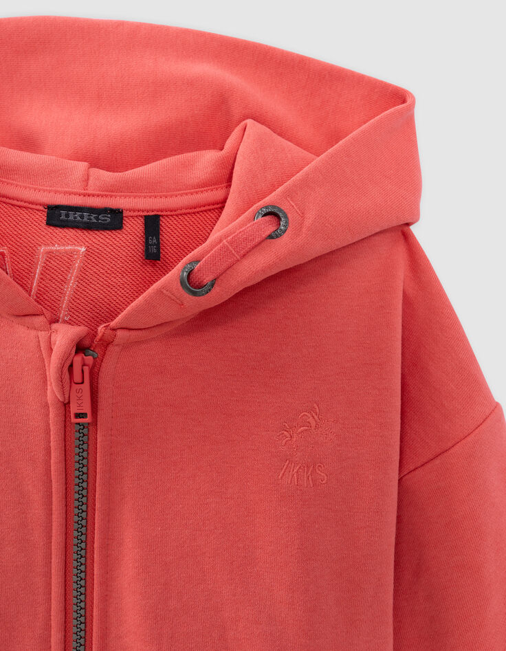 Cardigan rouge zippé à capuche maxi broderie dos garçon-7