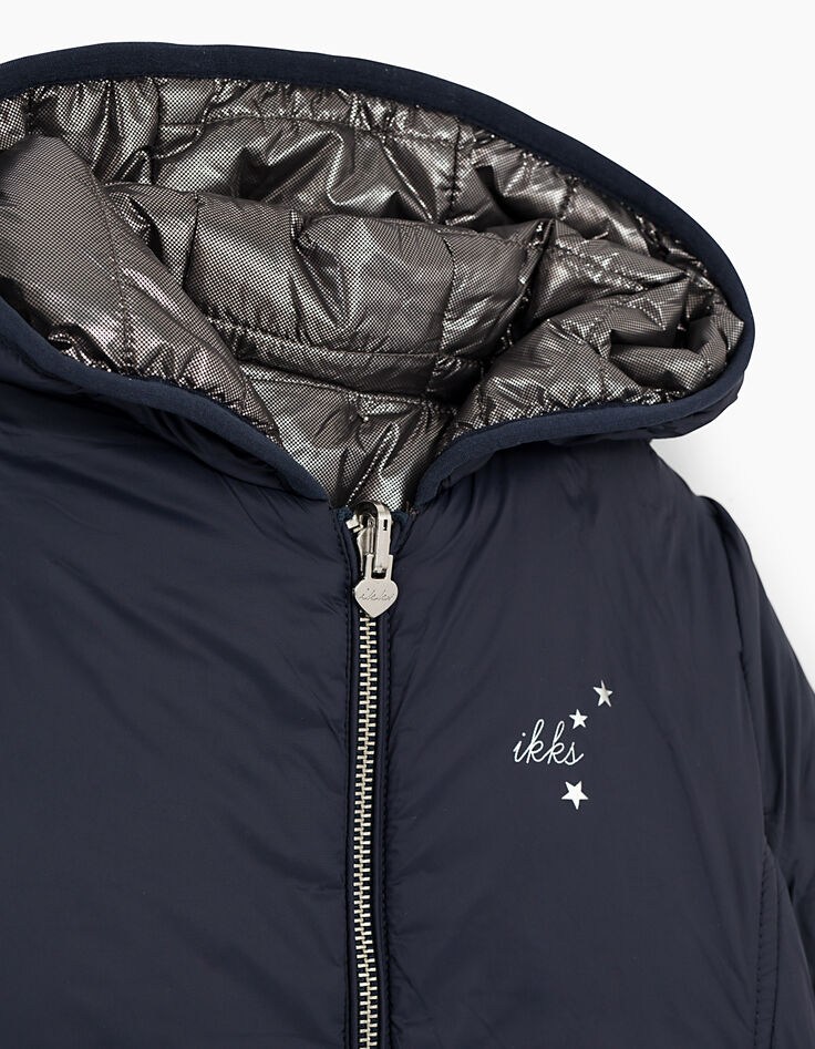 Omkeerbare gewatteerde jas in zilverkleur en navy meisjes-6