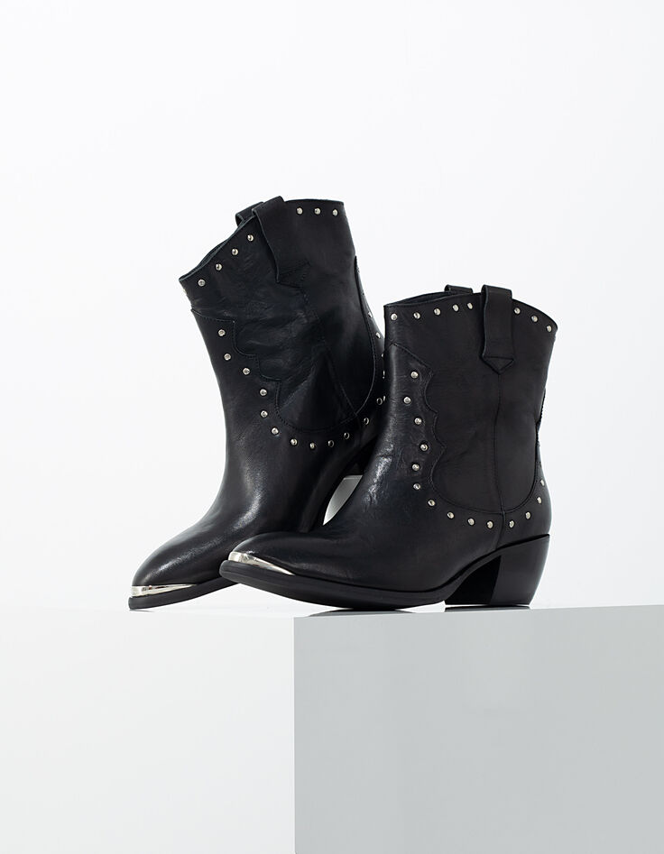 Schwarze Damenlederstiefel im Westernlook mit Ziernieten-5