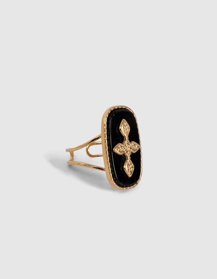 Bague noire avec ornement métal doré Femme-3