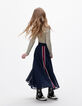 Girls’ navy pleated long skirt with side stripes-1