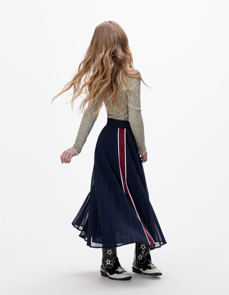 Girls’ navy pleated long skirt with side stripes-1