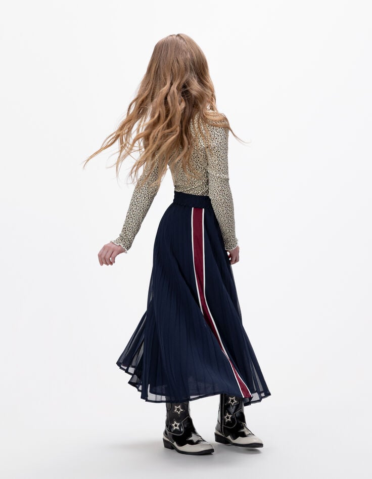 Girls’ navy pleated long skirt with side stripes-1 Girls’ navy pleated long skirt with side stripes-1