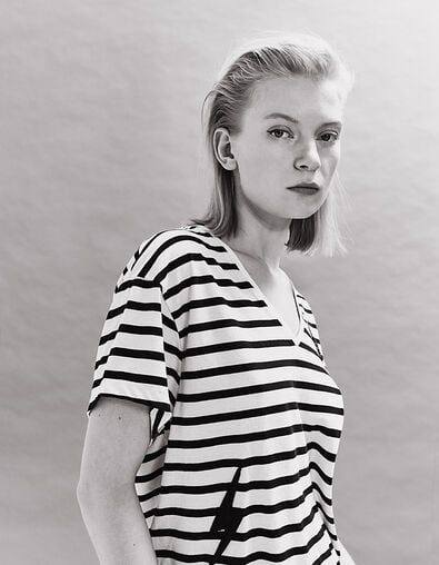 Women’s ecru sailor stripe T-shirt, black stripes & badges - IKKS