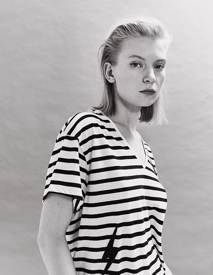 Women’s ecru sailor stripe T-shirt, black stripes & badges-1