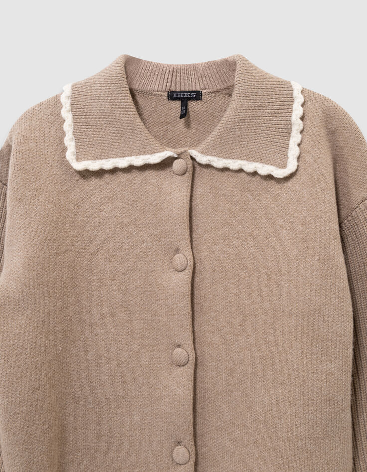 Cardigan beige tricot manches côtelées fille-5