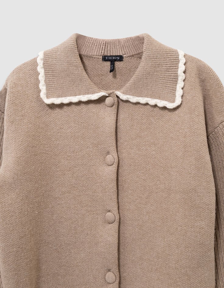 Cardigan beige tricot manches côtelées fille-5 Cardigan beige tricot manches côtelées fille-5