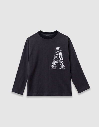 Grau meliertes Langarm-Jungenshirt Maxi-Buchstaben A - IKKS