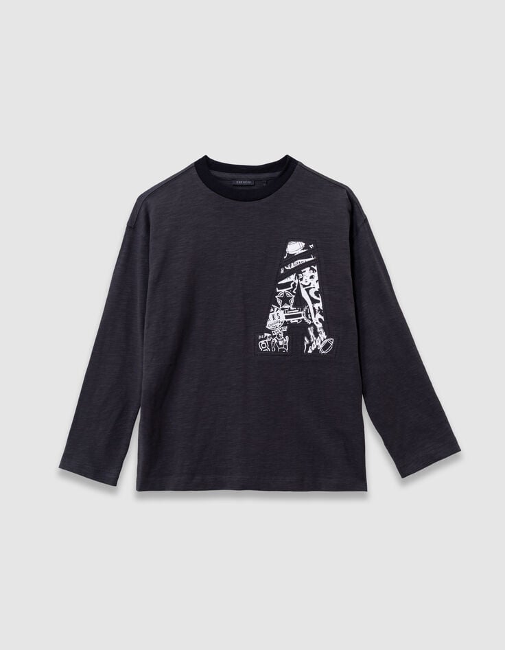 Grau meliertes Langarm-Jungenshirt Maxi-Buchstaben A-1 Grau meliertes Langarm-Jungenshirt Maxi-Buchstaben A-1