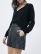 Short noir taille haute en cuir motif damier Femme-1