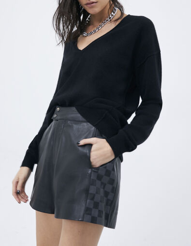 Short noir taille haute en cuir motif damier Femme - IKKS