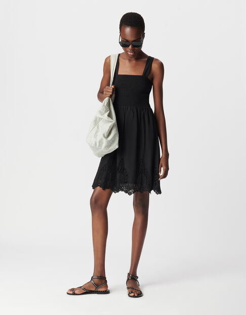 Women's black smocked dress with lace trim - IKKS