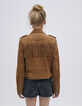 Veste en cuir velours camel esprit motard à franges Femme-3