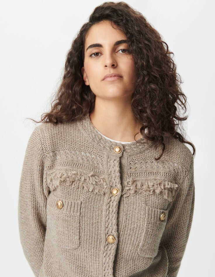 Women’s beige knit cardigan, fringed details, gold buttons-5 Women’s beige knit cardigan, fringed details, gold buttons-5