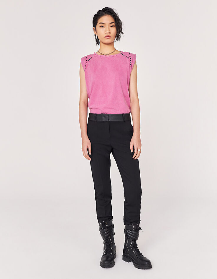 Camiseta rosa sin mangas hombreras remaches joya mujer-4