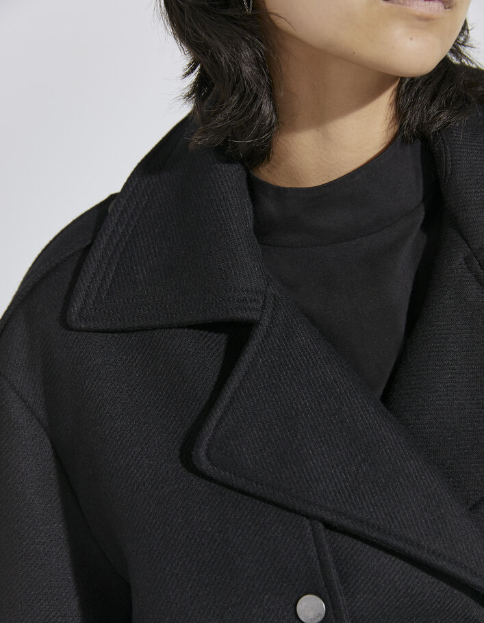 Women’s black wool blend long trench coat + faux leather - IKKS