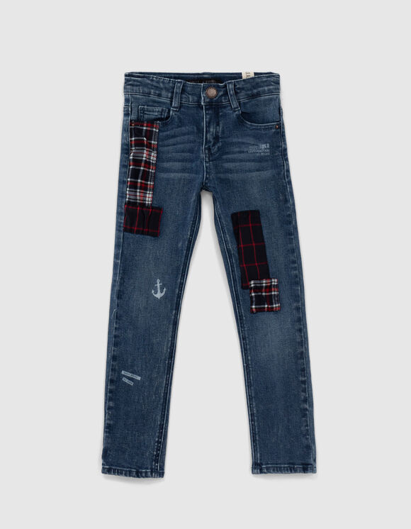 Boys' light blue slim jeans with check badges