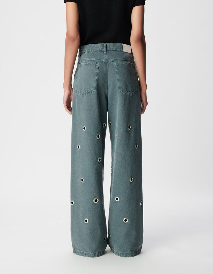 Edie Damesjeans met hoge taille en blauwe wijde pijpen met eyelet-dessin-4