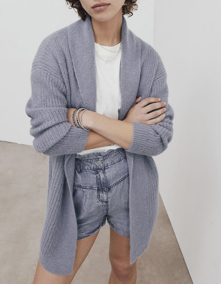 Cardigan gris chiné en maille effet poil femme-1