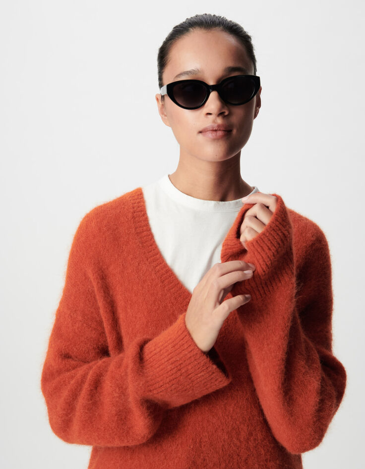 Orange oversized V-neck sweater Woman-4