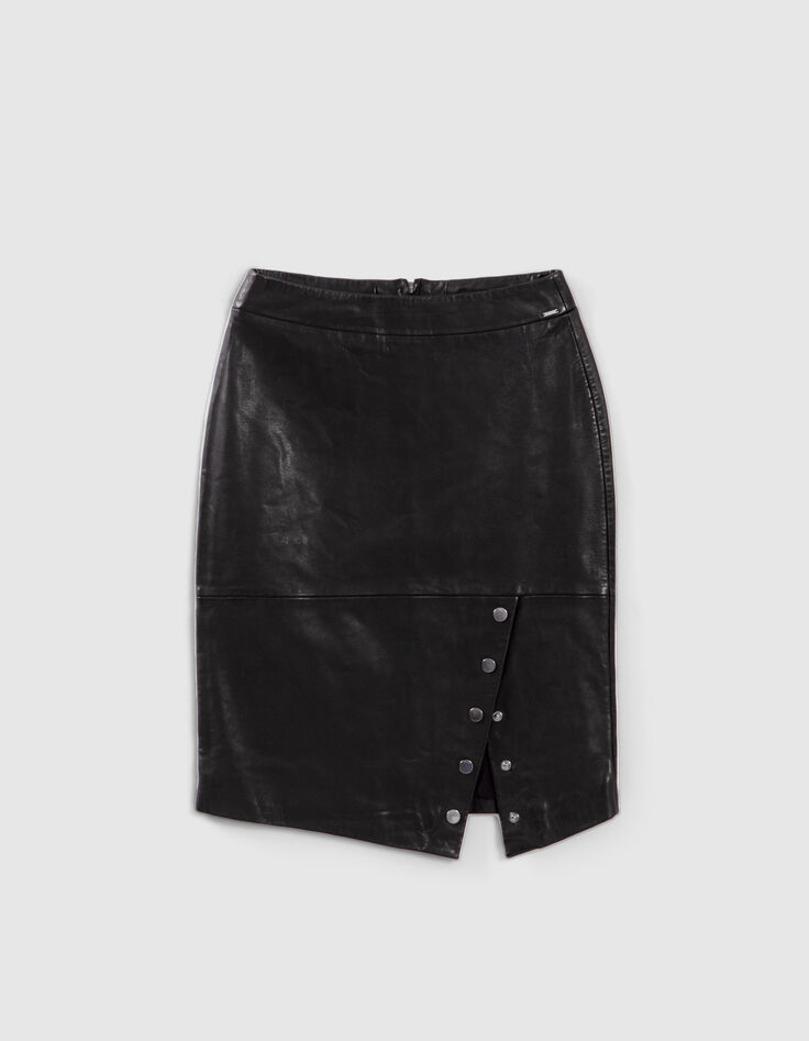 Falda lápiz negra cuero botones presión mujer-7