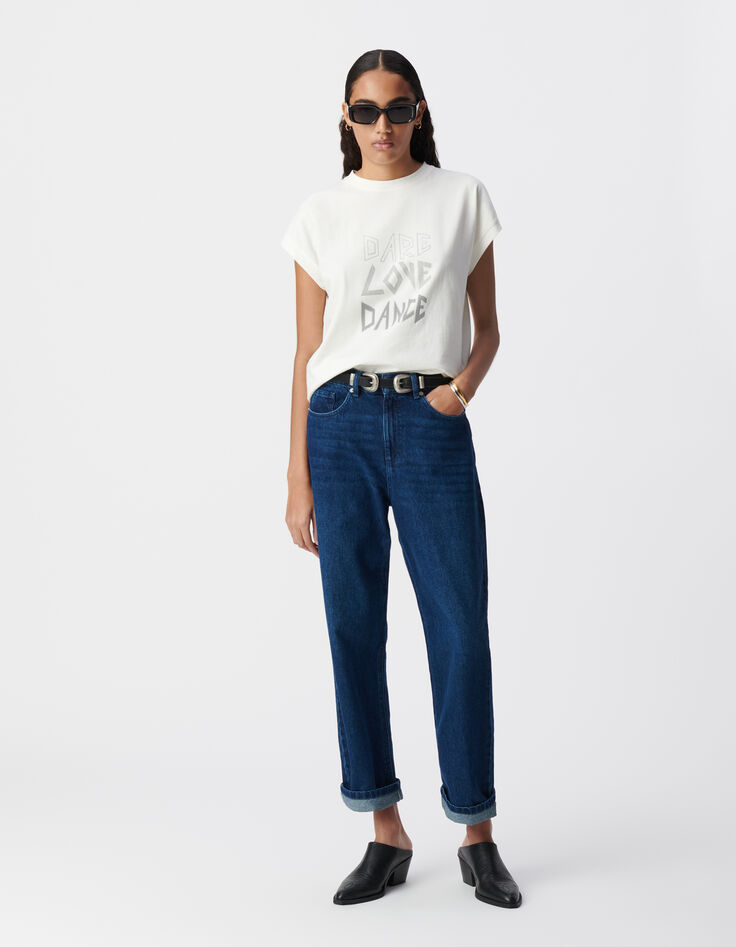 Weißes T-Shirt, Rundhals, Glitzerrand-1